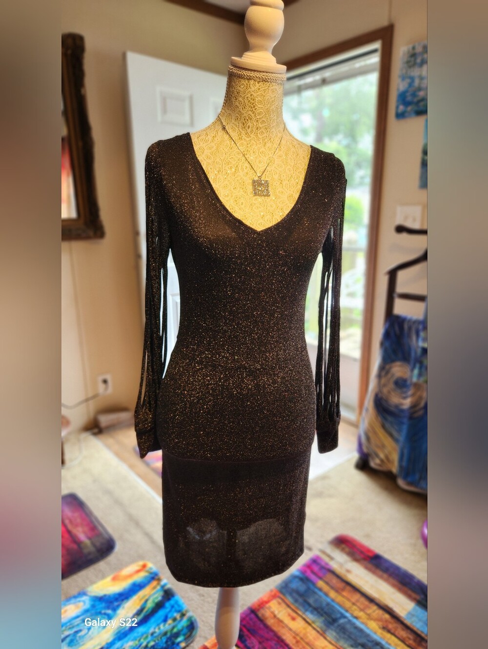 NEW SMALL HALLOWEEN GOTH DANCE Sparkle Black V-Neck Long Sleeve Dress